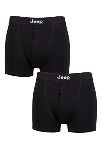 Jeep Men’s Plain Cotton Fitted Button Front Boxer Shorts, Underwear for Him, Stretch Fit Boxer Trunks Pack of 2 - Black/Black Large