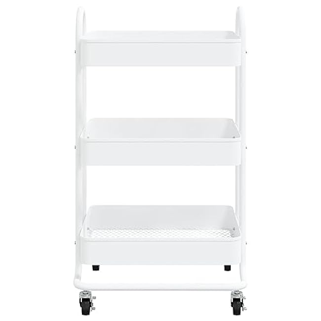3-Tier Storage Trolley with Wheels, Steel Construction for Office or Kitchen Organization, White-I9vAqES5