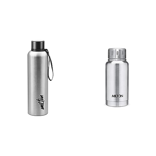 Image of Milton Aura 1000 Thermosteel Bottle, 1.05 Litre, Silver & Milton Elfin 160 Thermosteel Hot and Cold Water Bottle, 160 ml, Silver