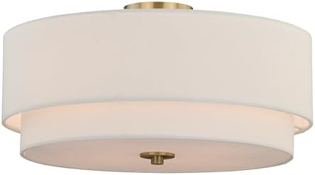 VAXCEL Burnaby 20.5 Inch Mid Century Modern 2-Tier Drum Semi Flush Mount Light, Matte Brass Finish, Dimmable Ceiling Mounted Lighting, White Linen Shade