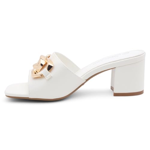 Shoe Land Women’s Low Block Heels 2025 – Square Open Toe Slip-On Mules with Metal Chain, Comfortable Chunky Dressy Heeled Slides for Wedding, Office, Party & Everyday Wear3