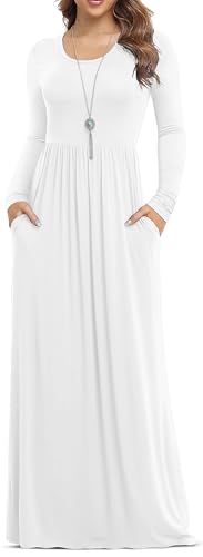 VIISHOW Women's Long Sleeve Loose Plain Maxi Dresses Casual Long Dresses with Pockets(White,Large)