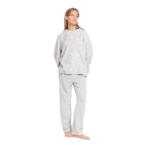 TRAMAS+ Pijama Mujer de Invierno, Pijama de Coralina con Camiseta de Manga Larga y Pantalón Largo Ajustable, Conjunto para Dormir Cómodo y Calentito - L, Cosmo L Gris Perla