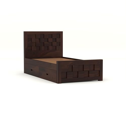 Image of Solid Sheesham Wood Single Size Bed with 2 Drawer Storage Wooden Single Cot Bed for Home Living Room Bedroom Guest Room Hotel (Walnut, Size 6 * 3)