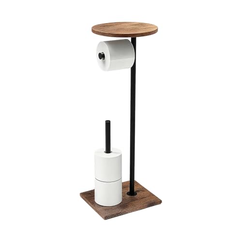 Topsky Toilet Paper Holder Free Standing Toilet Roll Holder for 3-4 Rolls with Wooden Base Tissue Paper Roll Dispenser Storage with Round Wooden Tray for Bathroom (Round)