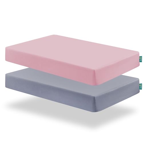Biloban Mini Crib Sheets Fitted, 2 Pack Mini Crib Sheet Fits for Mini Crib Mattress, Neutral Mini Crib Sheets for Baby Boys and Girl, Grey & Pink, 38”X 24”