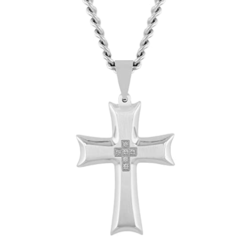 Colgante de cruz acampanada de acero inoxidable con diamante y cadena de 24 pulgadas