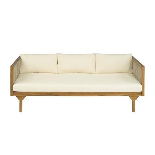 Merax Acacia Wood Outdoor Patio Loveseat Sofa w/Coushion and & Light Brown Rope, 3-Seater Sofa Daybed for Backyard, Lawn, Deck, Balcony, Water Repellent Fabric, 600 lbs Capacity, Teak +Beige