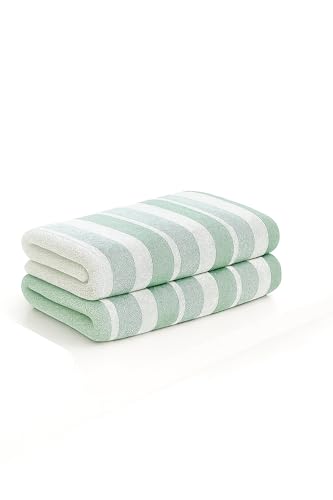 Image of Cortina Stripe Printed Microfiber Towels for Bath Large Size-Super Soft Coral Fleece Bathing Towel with Hook Quick Dry Super Absorbent-Bath Towel for Men and Women-70x140 cm [ Green ]