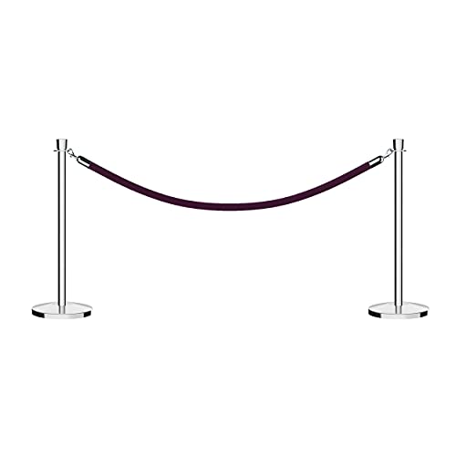 CCW Post and Rope Stanchion Kit with 2 Polished Stainless Steel Crown Top Posts and 1 Purple Heavy Duty Velvet Cotton Core Rope (6ft.) in Polished Stainless Snap Ends