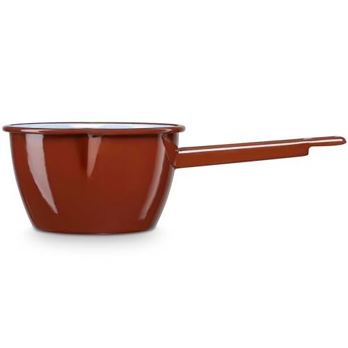 briebe Cazo Cocina con Pico Hervir Leche Acero Esmaltado 16 cm, Hervidor Vitrificado 1,70 L con Mango, Apto Inducción, Vitrocerámica, Fuego, Gas, Horno, Terra Vintage Marrón Teja