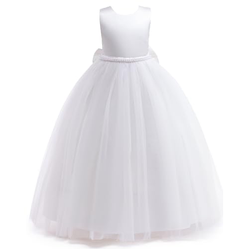 Image of BOVOSHA Flower Girl Dress Kids Formal Dress Sleeveless A Line Princess Dress Ball Gown for Wedding Party (White, 14T)
