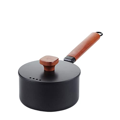 HJUGHPN Pot - Cazo de hierro fundido de 16 cm, olla pequeña antiadherente con tapa, mango de madera maciza, cacerola de 2 L, olla pequeña con tapa para cocinar