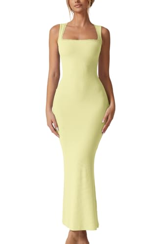 QINSEN Women's Square Neck with Lace Detail Long Maxi Dress Sleeveless Lounge Ribbed Full Length Bodycon Dresses Lemon Yellow M