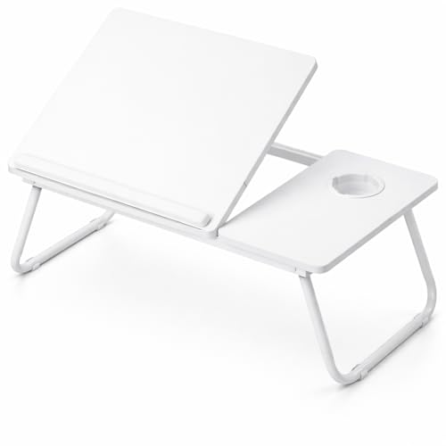 Mesa Reclinable para Cama y Sofá, Bandeja Plegable con Portavasos, Ideal para Ordenador Portátil y Libros, con Cinco Alturas, Mesita Auxiliar Multiusos de MDF, Acero y Plástico (Blanco)