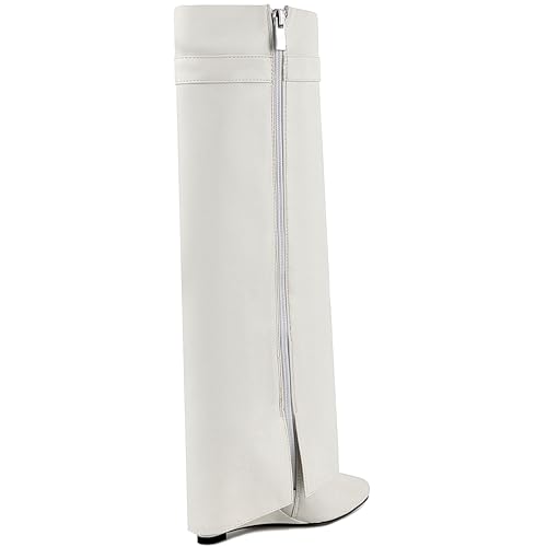Image of Fold Over Knee High Boots for Women Pointy Pull-on Wedge Heel Knee Shark Boot With Side Zipper Covered Wedge Heel Padlock Boot