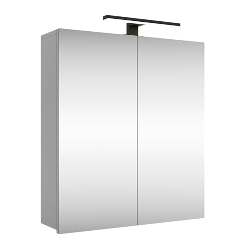 Planetmöbel Merkur Spiegelschrank Bad mit Beleuchtung 60 cm breit | Badschrank hängend mit Spiegel | Matt-Schwarz LED Beleuchtung | weiß-grau