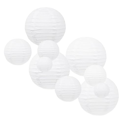 Image of Mudra Crafts Mixed Size Round Chinese White Paper Lanterns Hanging Decor | 10 PCs, Reusable, Indoor Outdoor Decorative Lamp Shade, for Ceiling, Wedding, Shower, Party, Festival, Home Decoration