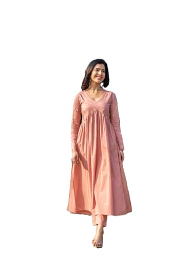 Image of Women's Dhanna Fashion Long Cut Salwar Suit with White Polka Dots,Full Sleeves, V-Neck,, Rayon