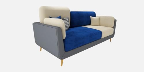 Image of 3 Seater Sofa Set for Living Room | 3-Person Upholstered Velvet Fabric Sofa Couch for Home and Office Guests | Blue & Beige | Modern Style | Small Pillow Included