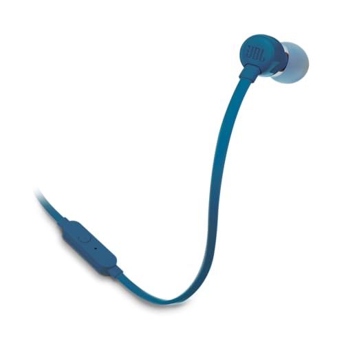 JBL Tune 110 – In-Ear Kopfhörer mit verwicklungsfreiem Flachbandkabel und Mikrofon - Blau – Für grenzenlosen Musikgenuss mit der Pure Bass Sound Technologie