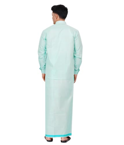 Image of Men's Traditional Indian Shirt and Dhoti Set, Full Sleeves Tissue Silk Cotton Shirt With Dhoti 2 metres for men