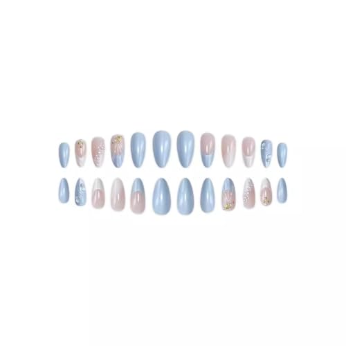 Image of Ocean Shell Press on Nails French Tip Fake Nails with Star Pearl Design 3D Summer Glue on Nail Medium Almond False Nail Glossy Artificial Acrylic Full Cover Stick on Nails for Women Manicure 24Pcs