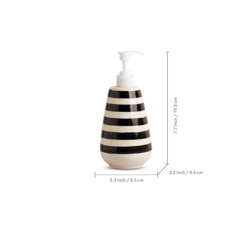 Image of ExclusiveLane 'Monochrome Lines' Hand-Painted Ceramic Bathroom Accessories Set of 2 (Liquid Soap Dispenser for Wash Basin, Paste & Toothbrush Holder) |Handwash Dispenser |Bathroom Organiser Set