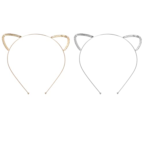 Image of Uonlytech 2pcs Cat Ear Hairband Rhinestone Metal Headbands for Cosplay Parties Festivals Stylish Costume Accessories for Boys and Girls Women Colors