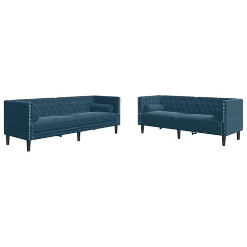 vidaXL Chesterfield Sofa Set mit Nackenrollen 2-TLG., Sofagarnitur mit Kissen, Sitzgruppe für Wohnzimmer, Polstersofa Couch Sessel, Blau Samt