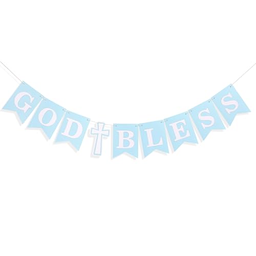 God Bless Banner for Baptism - First Communion Decorations Baby Christening Backdrop Decor Christening Garland for Boys Girls Confirmation Party Supplies God Bless Banners with Cross for Baby Shower (Blue Baptism Banner)