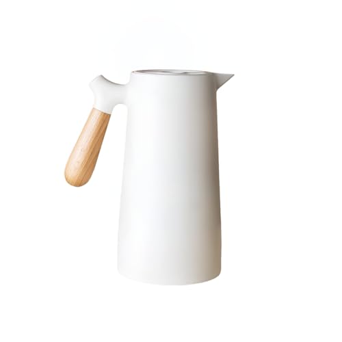 魔法瓶 保温ポット 卓上 ティーポット コーヒーポット | ガラス製 二重壁 真空断熱 大容量 木製ハンドル ワンタッチ開閉 保温・保冷兼用 家庭用 業務用 プレゼント (1L,ホワイト)