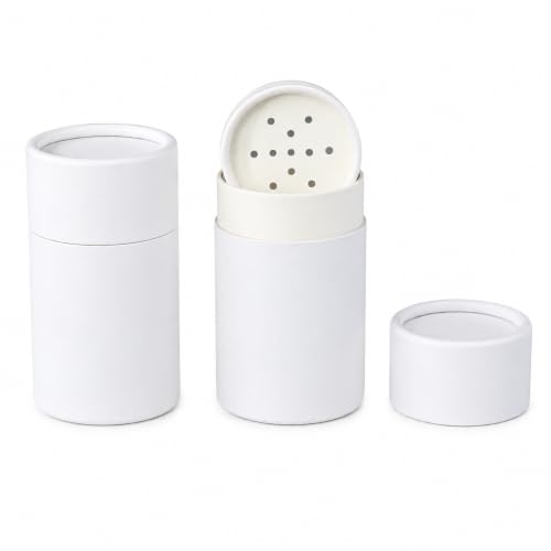 GreenWay 2oz / 60g Small Kraft Paper Shaker Tubes with Sifters & Lids - 6 Pack Biodegradable Containers for Powdered Cosmetics - Fully Compostable Spice Sifting Tubes with Small Holes – White