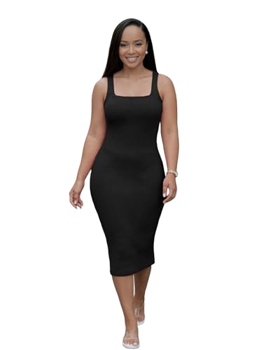 Image of TOPSRANI Women Sexy Midi Dress Bodycon Casual Sleeveless Basic Ruched Tank Summer Club Party Dresses