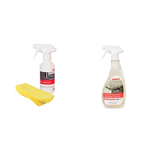 Unika Non-Aerosol Gloss Surface Cleaner and Microfibre Cloth 250ml Multicolour & Granite and Quartz Worktop Cleaner Spray, 500ml
