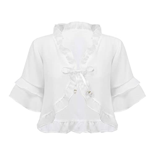 Kid Girls Casual Middle Sleeve Plain Mid-Sleeve Ruffle Shirt Chiffon Shawl Pearls Lace-up Straps Cardigan
