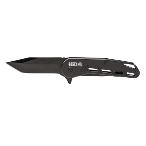 Klein Tools 44213 Folding Pocket Knife, EDC Knife, Black with Stainless Steel Tanto Blade, Bearing Assist Flipper Open, Belt Clip