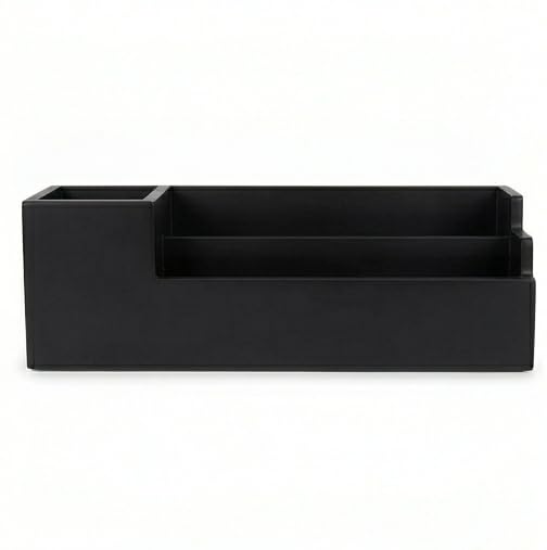Image of Wooden Desk Organiser with Pen Holder, Mobile & Tablet Stand, Card Holder - Multi-Compartment Office Desk Organizer for Study Table, Bedside Table & Living Room |Black Finish