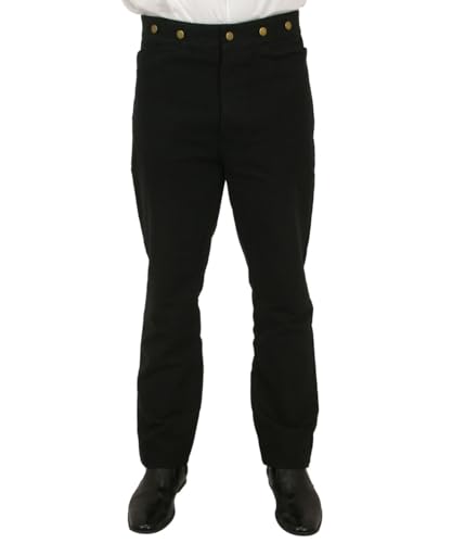 Historical Emporium Men's High Waist Classic Canvas Trousers, Victorian Western Pants with Suspender Buttons 36 Black