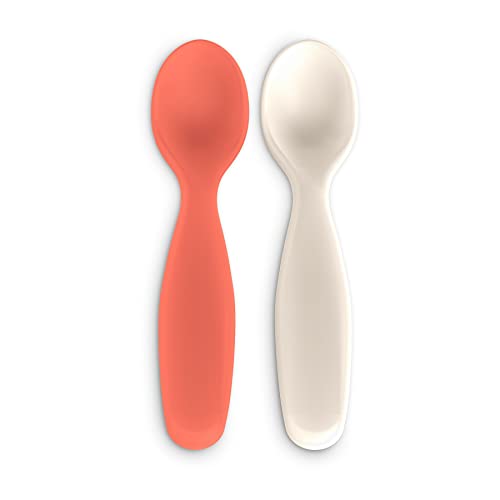Suavinex, Pack 2 Cucharas Infantiles, para Bebés. Aptas para Encías Sensibles. Ideal para Papillas y Potitos. Aptas Para Lavavajillas. Para Bebés +6 Meses, Coral + Gris