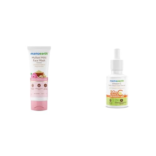 Image of Mamaearth Multani Mitti Face Wash with Multani Mitti & Bulgarian Rose For Oil Control & Acne - 100 ml & Mamaearth Vitamin C Daily Glow Face Serum for Men & Women - Vitamin C Serum for Glowing Skin