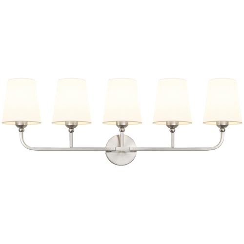 Image of Bathroom Vanity Light Brushed Nickel Bathroom Lighting Fixtures Over Mirror | 5-Light Bathroom Light Fixtures with Flared White Fabric Shade, E26 Socket (ETL Listed)