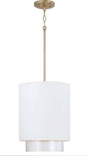 Capital Lighting 353011RE Weller Modern Clear Seeded Glass Metal Shade with Brass Interior Cylindrical Pendant, 1-Light 100 Watt, 20" H x 12" W, Matte Brass and White