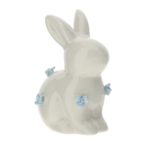 Hervit Figura Conejo de Porcelana Blanca con Flores Azules Idea de Regalo de Boda Alt. 10 cm