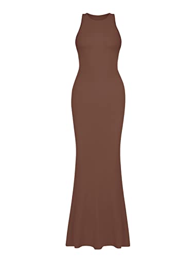 Reoria Women's Summer Sexy Casual Lounge Tank Long Dress Elegant Wedding Guest Sleeveless Halter Neck Bodycon Maxi Dresses Coffee Medium #TOP4