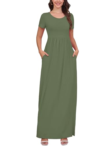 DEARCASE Maxi Dress for Women Army Green Small Crewneck Short Sleeves Wedding Guest A-line Casual Loose Party Vintage Spring Summer Beach Long Dresses with Pockets — view 6