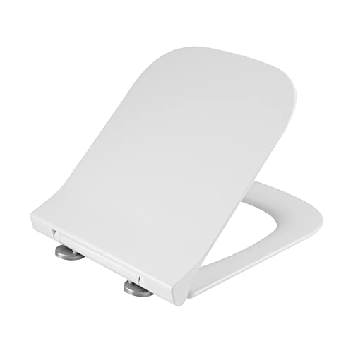 WOLTU Tapa de Inodoro con Cierre Suave, Asiento de Inodoro UF, Tapa WC Universal con Liberacion Rápida para Limpieza Fácil, con Bisagras Ajustables, Cuadrado blanco