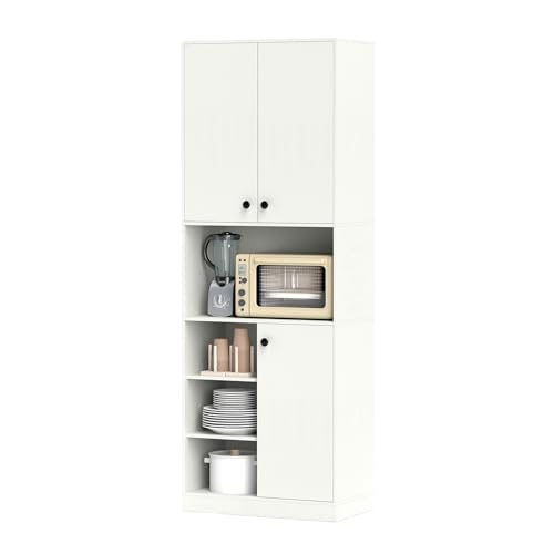 KOMFOTTEU Aparador Alto de Cocina 166 cm, Armario Buffet con 3 Puertas, 2 Cajones y 4 Estantes Abiertos, Alacena de Cocina para Microondas, Mueble de Almacenamiento para Baño, Salón, Comedor