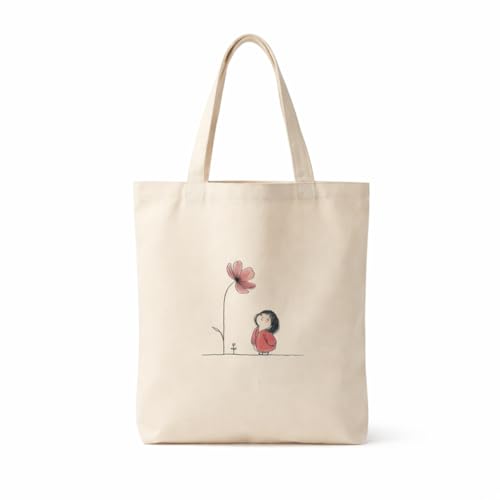 Image of Minimalist Girl & Flower Printed Canvas Tote Bag for Women | 16x14 Inch Cotton Shoulder Bag | Aesthetic Reusable Handbag for College, Office & Shopping