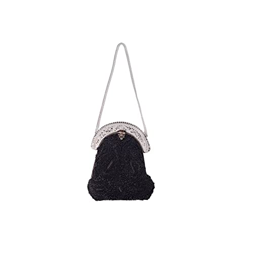 Bolsa Clutch Tecido Bordada Mão Com Miçanga Preta e Acabamento Prata Luxo E Elegancia Moda Feminina